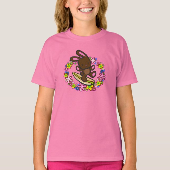 Camiseta Chocolate Hawaiian Surfing Bunny Personalizado Pin (Anverso)