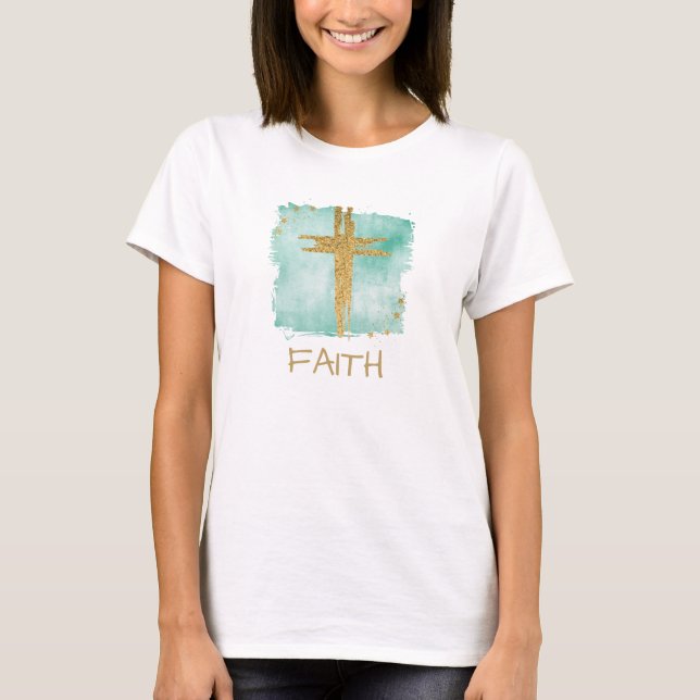 Camiseta *~* Christian AQUA Cross Gold Purpurina FAITH T (Anverso)