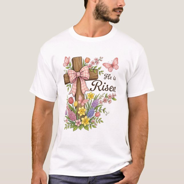 Camiseta Christian- He is Risen Floral Cross Religious East (Anverso)