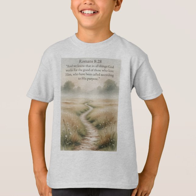 Camiseta Christian Kid's Romans 8:28 Bible Verse Tee Shirt (Anverso)
