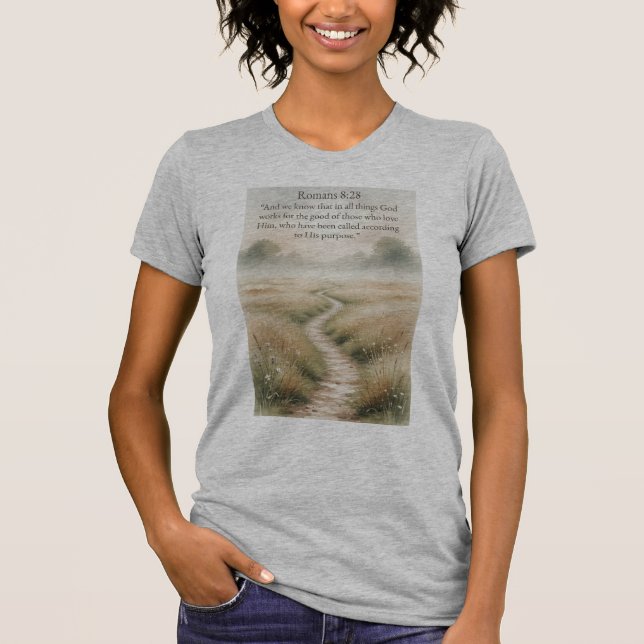Camiseta Christian Women's Romans 8:28 Bible Verse Tee  (Anverso)