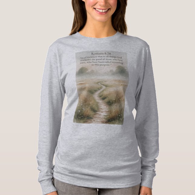 Camiseta Christian Women's Romans 8:28 Long Sleeve Tee (Anverso)
