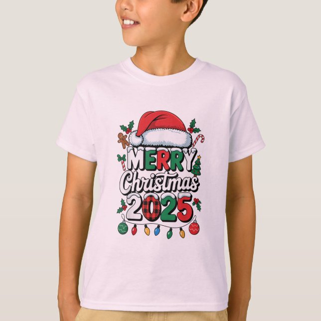 Camiseta Christmas 2025 Pajama Funny Santa Hat Xmas Lights (Anverso)