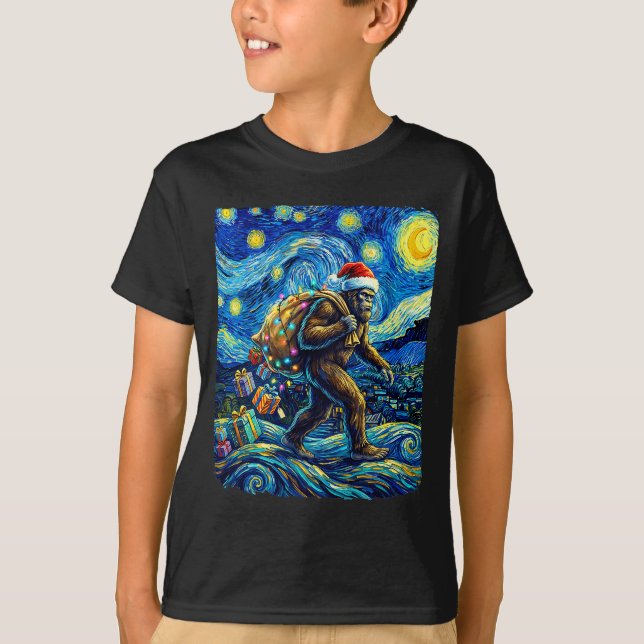 Camiseta Christmas Bigfoot Santa Hat Van Gogh Starry Night  (Anverso)