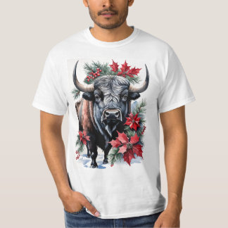 Camiseta Christmas Bison With Big Horns And Poinsettias
