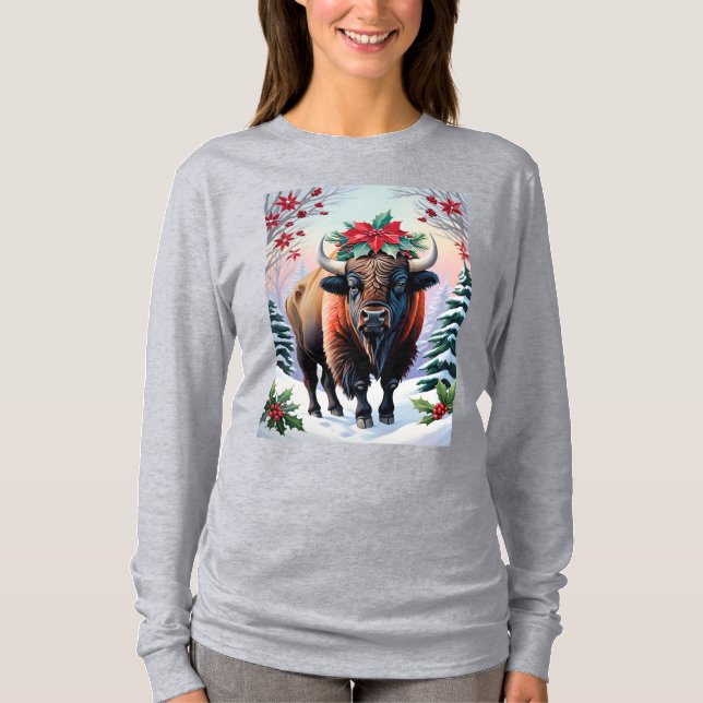 Camiseta Christmas Bison With Big Horns Snow & Poinsettias (Anverso)