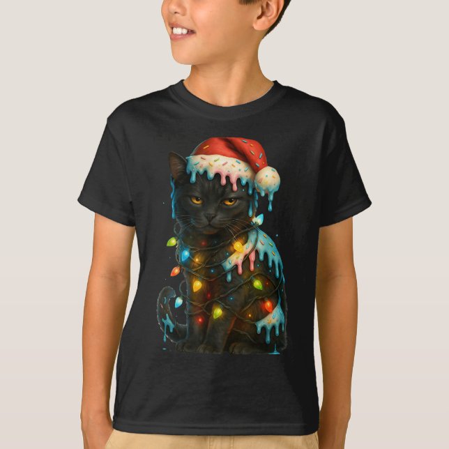 Camiseta Christmas Black Cat Ice Cream Drip Santa Hat Cute  (Anverso)