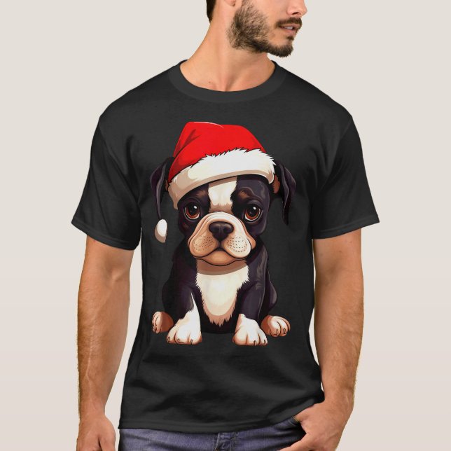 Camiseta Christmas Boston Terrier Dog Santa Hat Funny Xmas  (Anverso)