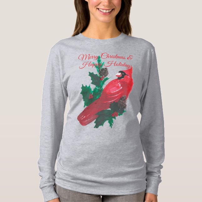 Camiseta Christmas Cardinal Holly & Berries Long Sleeve Tee (Anverso)