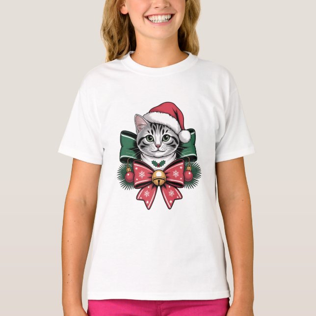 Camiseta Christmas Cat Cute Festive Kitty with Santa Hat  (Anverso)