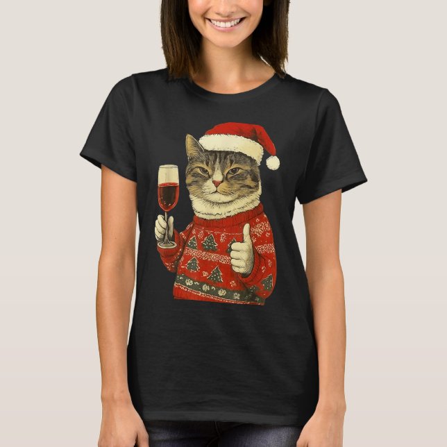 Camiseta Christmas Cat Likes Cute Cat Drinking Wine With Sa (Anverso)
