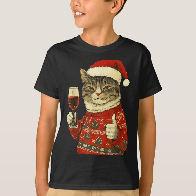 Camiseta Christmas Cat Likes Cute Cat Drinking Wine With Sa (Anverso)