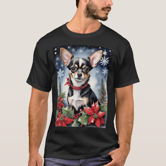 Camiseta Christmas Chihuahua With Poinsettias & Snowflakes (Anverso)