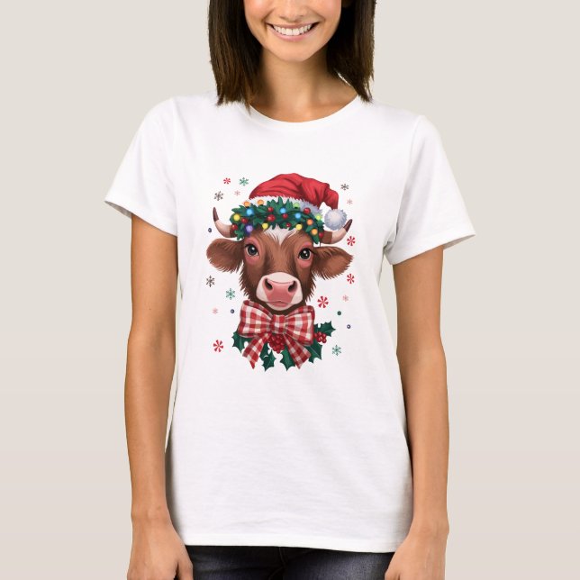 Camiseta Christmas Cow with Santa Hat and Festive Lights (Anverso)