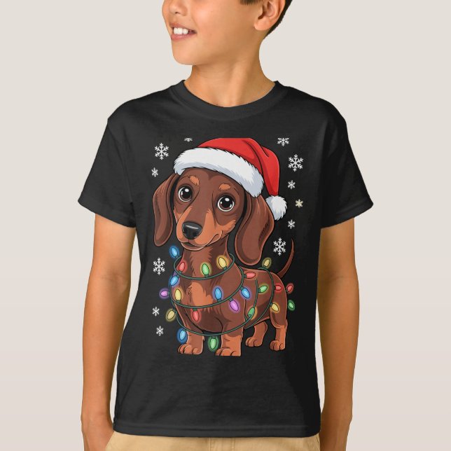 Camiseta Christmas Dachshund Lights Santa Hat Holiday Dog L (Anverso)