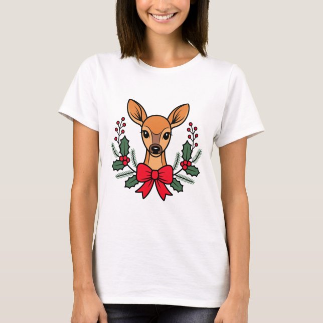 Camiseta Christmas Deer with Red Bow Holly Wreath Holiday (Anverso)