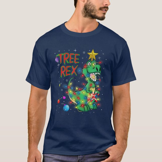 Camiseta Christmas Dinosaur Tree Rex Pajamas Men Boys Kids (Anverso)