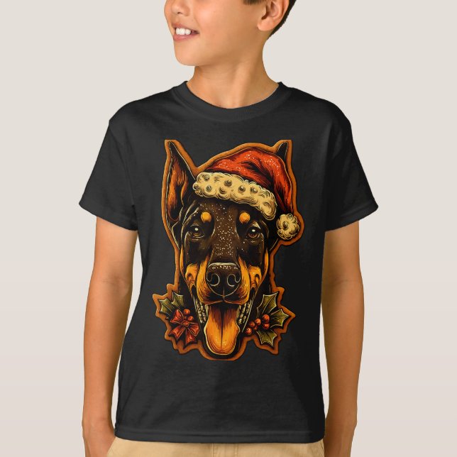 Camiseta Christmas Doberman Dog With Santa Hat Gingerbread  (Anverso)