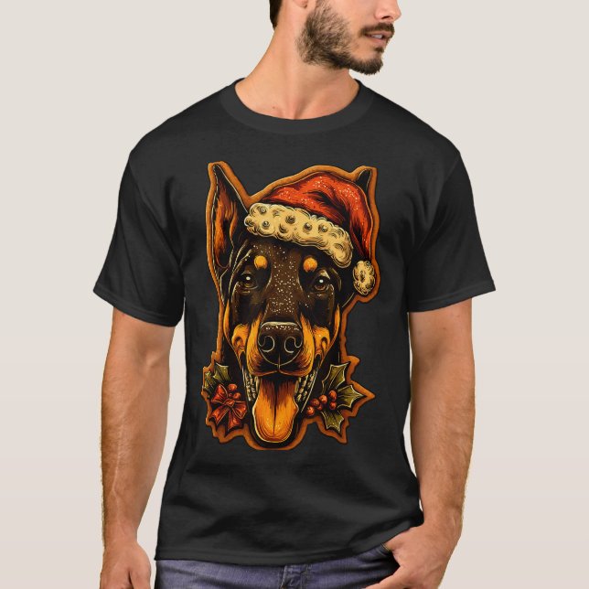 Camiseta Christmas Doberman Dog With Santa Hat Gingerbread  (Anverso)
