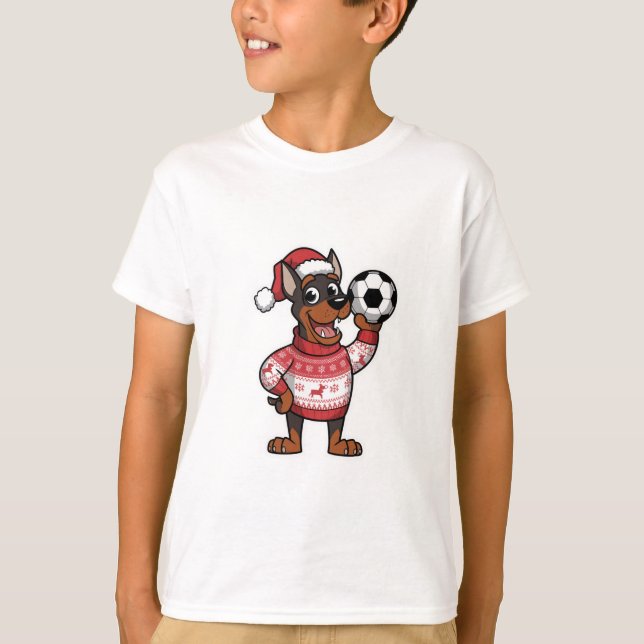 Camiseta Christmas Doberman puppy with soccer ball (Anverso)