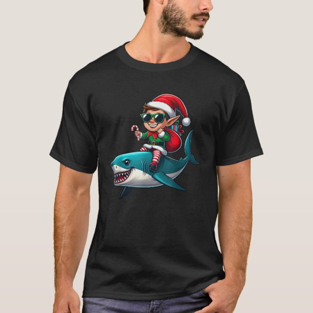 Camiseta Christmas Elf Riding Shark Sunglasses Santa Hat Ca (Anverso)