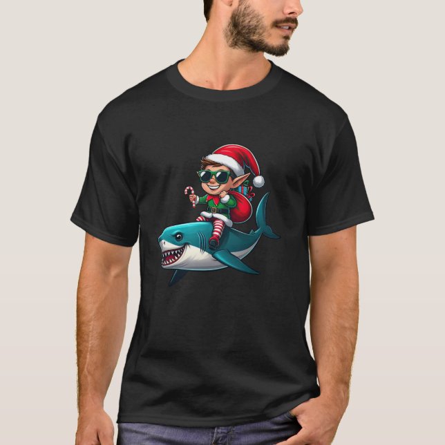 Camiseta Christmas Elf Riding Shark Sunglasses Santa Hat Ca (Anverso)