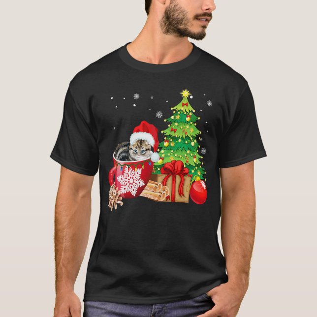 Camiseta Christmas Gray Tabby Cat Ugly Xmas Tree Lights Paj (Anverso)
