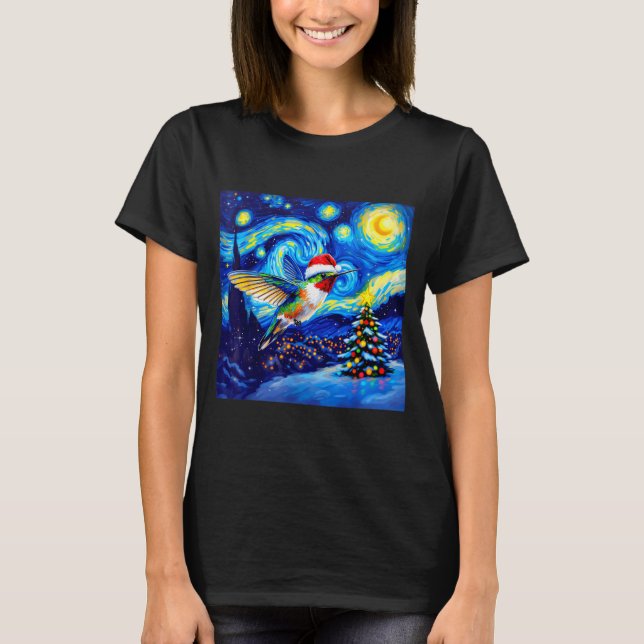 Camiseta Christmas Hummingbird Santa Hat Van Gogh Starry Ni (Anverso)