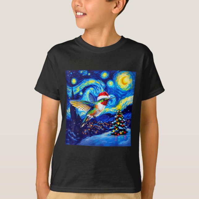 Camiseta Christmas Hummingbird Santa Hat Van Gogh Starry Ni (Anverso)