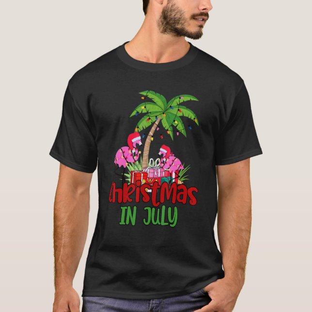 Camiseta Christmas In July Flamingo Palm Tree 4th Of July (Anverso)