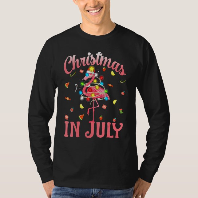 Camiseta Christmas In July Pink Flamingo Wearing Santa Hat (Anverso)