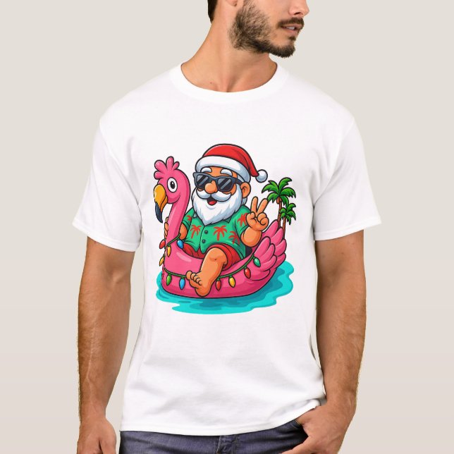 Camiseta Christmas In July Santa Swimming At Pool Flamingo  (Anverso)