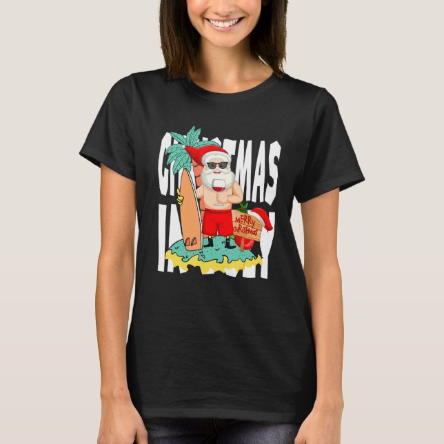 Camiseta Christmas In July  Summer Santa Surfing Beach Vaca (Anverso)