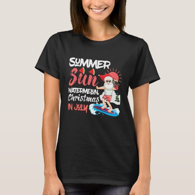 Camiseta Christmas In July Summer Sun Santa Surfing Waterme (Anverso)