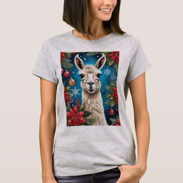 Camiseta Christmas Lama With Poinsettias & Ornaments (Anverso)