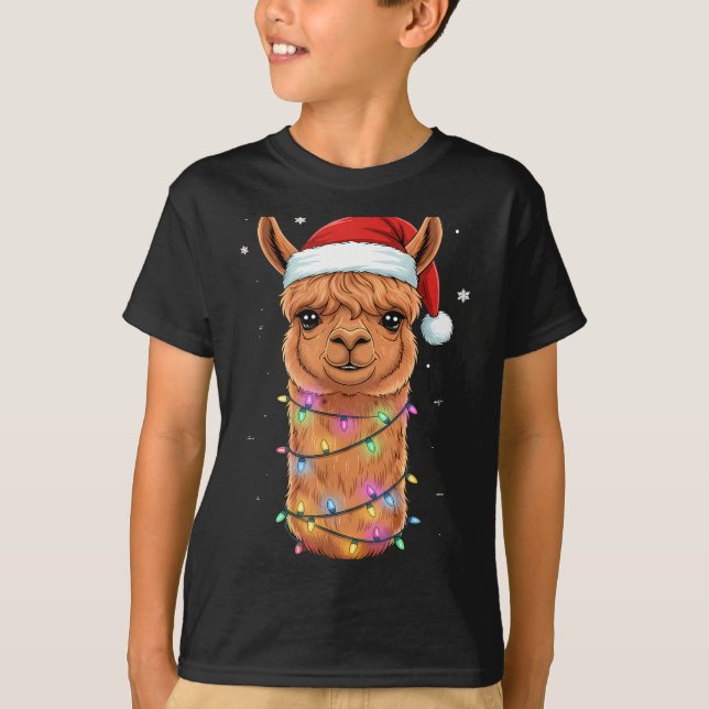 Camiseta Christmas Lights Alpaca Santa Hat Llama Cute Xmas  (Anverso)
