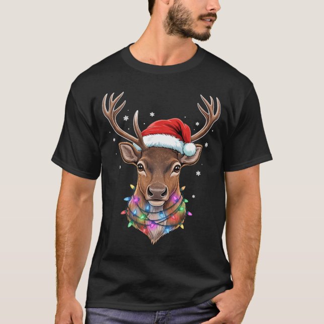 Camiseta Christmas Lights Reindeer Santa Hat Cute Xmas Paja (Anverso)