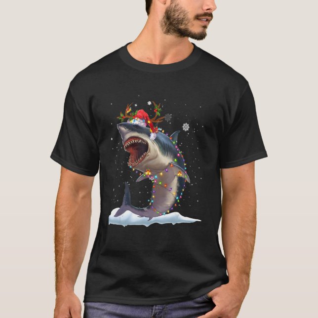Camiseta Christmas Lights Shark   Santa Hat Xmas Family (Anverso)