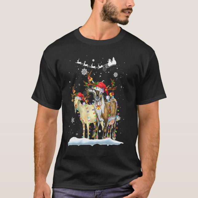 Camiseta Christmas Lights  Xmas Santa Hat Goat Animals (Anverso)