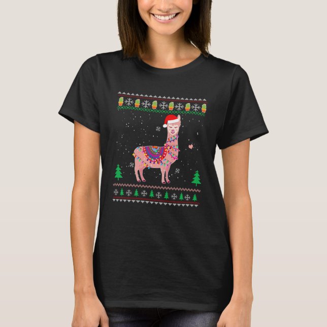 Camiseta Christmas Llama Santa Hat Ugly Xmas Tree Alpaca (Anverso)