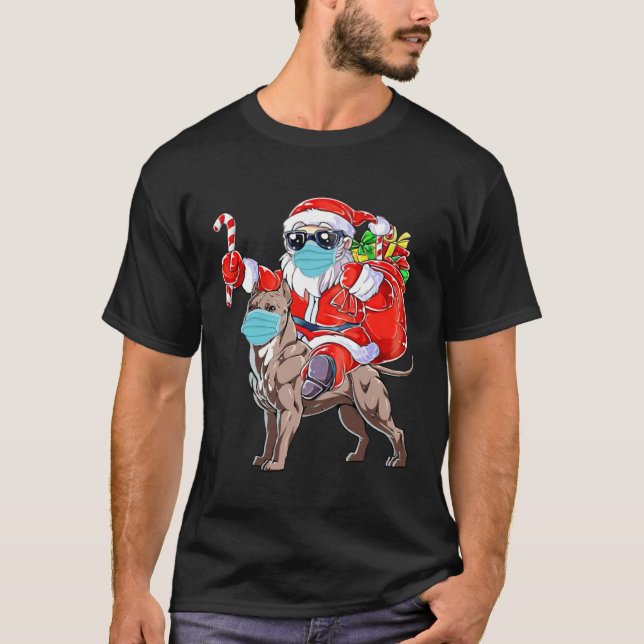 Camiseta Christmas Mask Santa Riding Pitbull Xmas Boys Dog (Anverso)