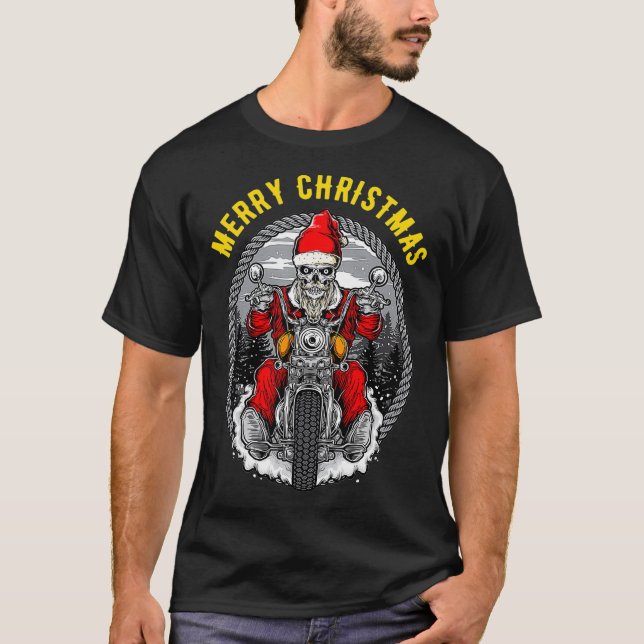 Camiseta Christmas Motorcycle Santa Claus Biker Rider Skull (Anverso)