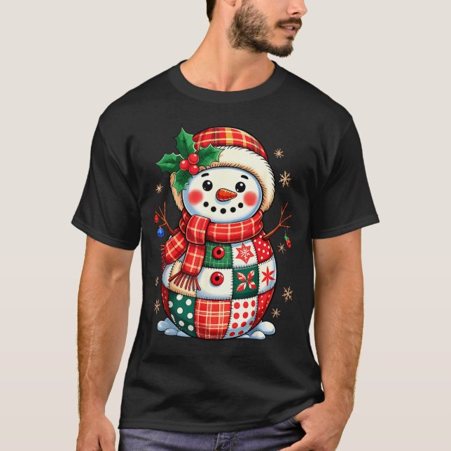 Camiseta Christmas Patchwork Snowman - Quilted Holiday Aest (Anverso)