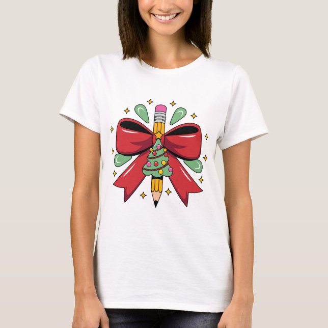 Camiseta Christmas Pencil with Festive Bow and Tree Design (Anverso)
