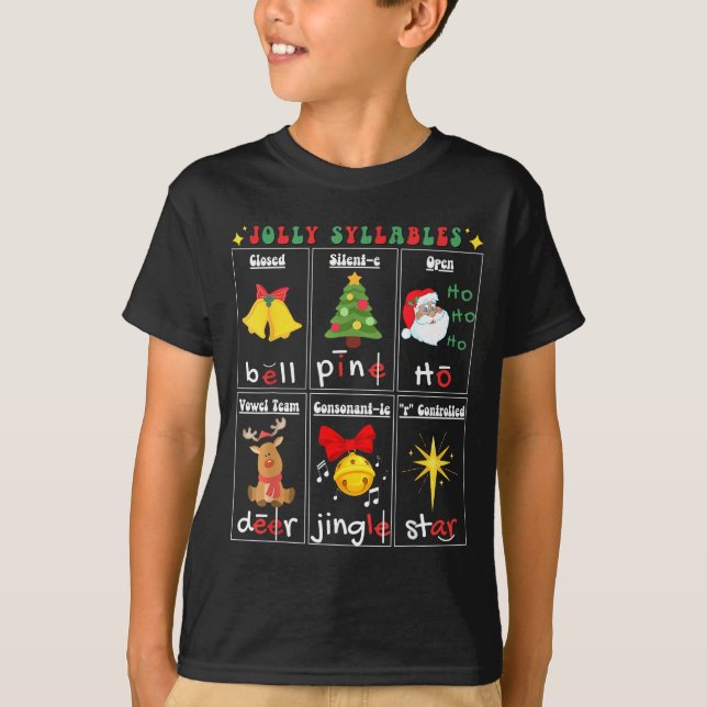 Camiseta Christmas Reading Teacher Syllable Types Phonemic  (Anverso)