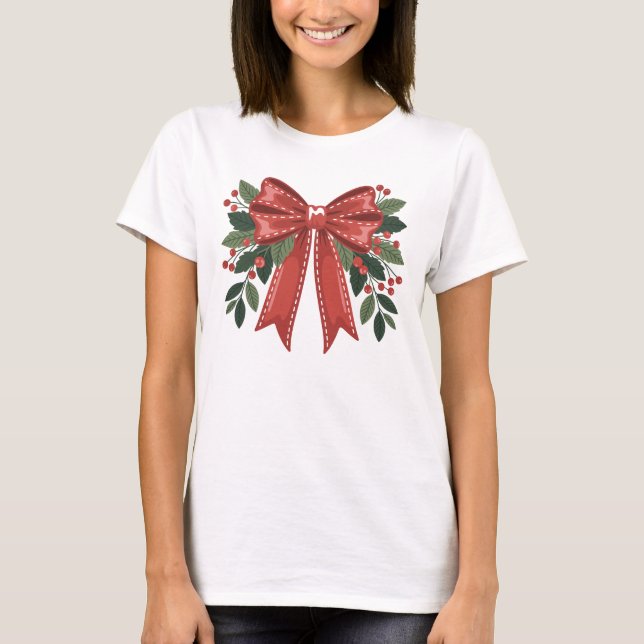 Camiseta Christmas Red Bow with Holly and Berries Festive (Anverso)