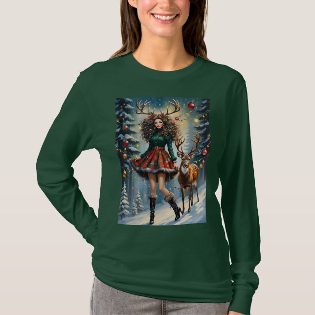 Camiseta Christmas Reindeer Girl With Antlers Snowy Night (Anverso)