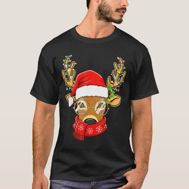 Camiseta Christmas Reindeer Lights Gles Santa Hat Deer Xmas (Anverso)
