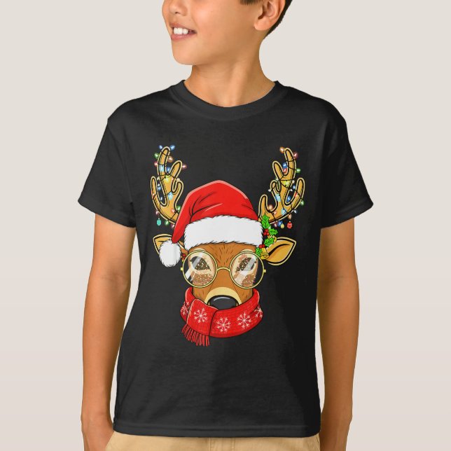 Camiseta Christmas Reindeer Lights Gles Santa Hat Deer Xmas (Anverso)