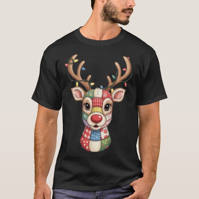 Camiseta Christmas Reindeer Patchwork Men Women Kids Cute R (Anverso)